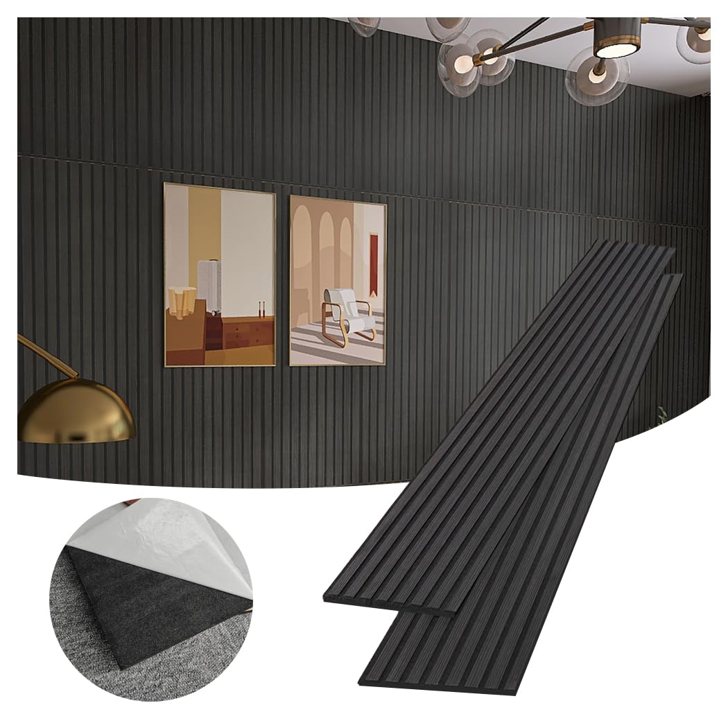 4 Packs 3D Wall Panels Peel and Stick | Wall Panels for Interior Wall Decor | Self Adhesive Sound Absorbing Planks | Acoustic Wood Slat Wall Panels | 43.30 * 12.60in | 0.4" Depth | Black Oak