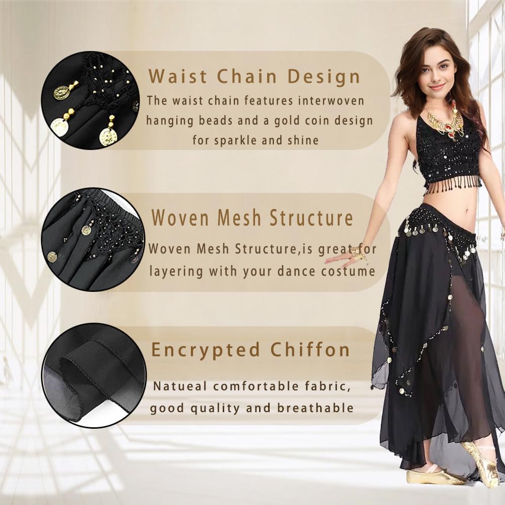 Belly Dance Costume for Women Belly Dance Chiffon Skirt with Coins (US, Alpha, One Size, Regular, Regular, Red)