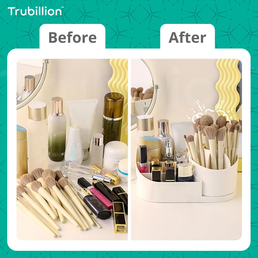 TRUBILLION Revolve 360 Degree Rotating Office Desk and Makeup Brush Organizer Stand, Multipurpose Organizer with 16 Compartments for Brushes, Pens, Stationary – Durable, No Installation Needed (White) 1