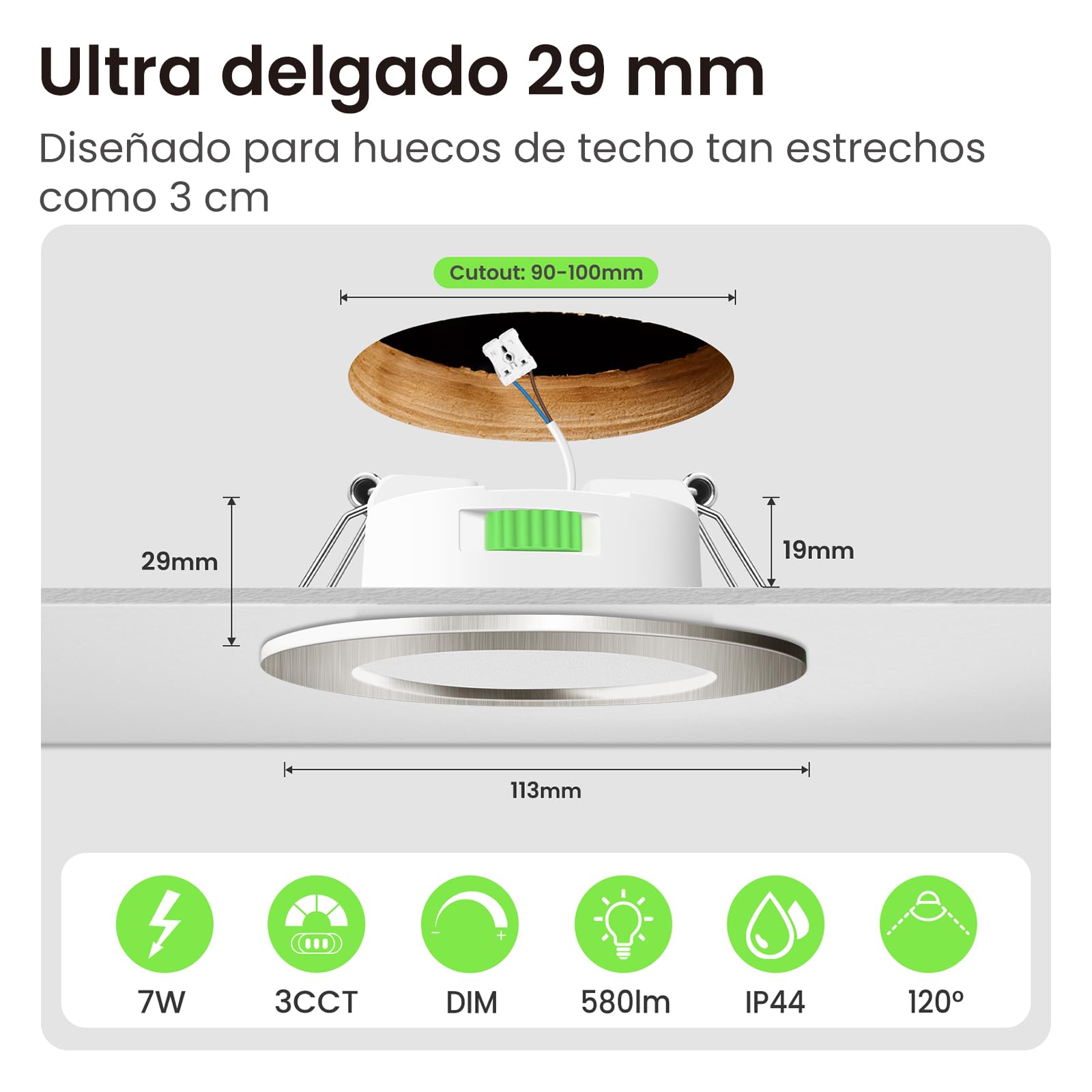 ALUSSO LIGHTING Focos Led Interior Techo,7W 550LM downlight led techo empotrable,3CCT 3000K 4000K 6500K, IP44 Corte 90-100mm, Foco Empotrable Led Techo Para baño,dormitorio,Níquel,12 Pack