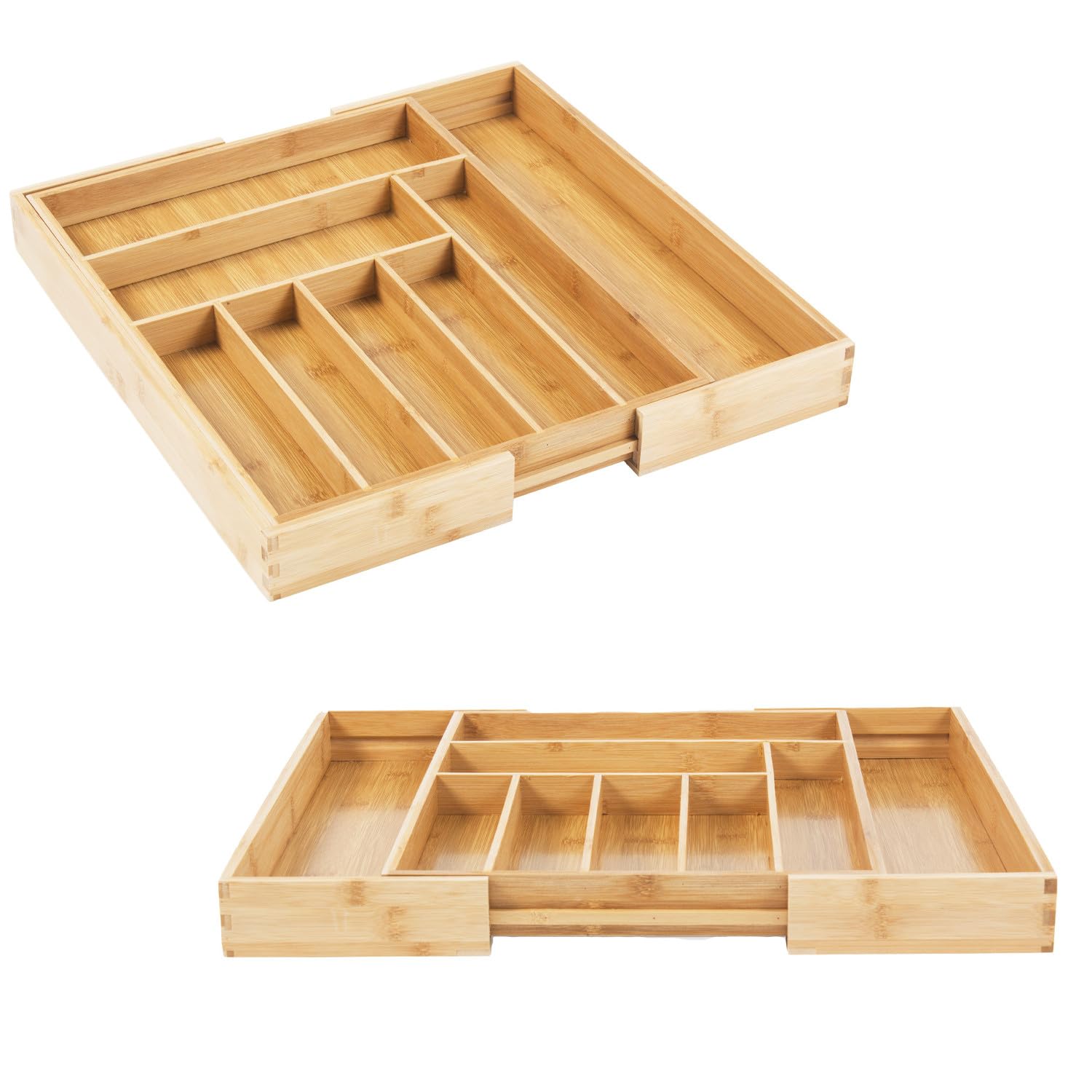 GreenBlue GB379 Organizadores de Bambú para Cubiertos | Bandeja Extensible, 7 Compartimientos Básicos y 2 Extraibles para Utansilios de Cocina | Organización de Cajón | Dim.: 32,5-50x43x45cm | 2 uds.