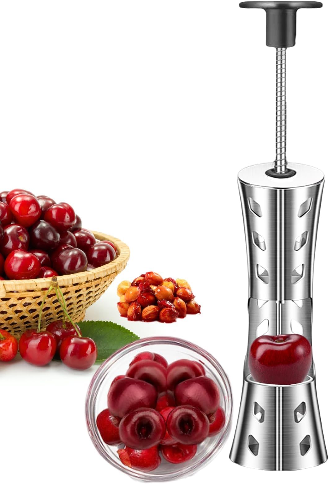 Cherry Pitter Tool, 304 Stainless Steel Pitting Tool, Portable Cherries Corer Stoner Seed Tool, Cherry Seed Remover Kitchen Tool, Multi-Function Cherries Remover Tool, Press Type, Black-Silver