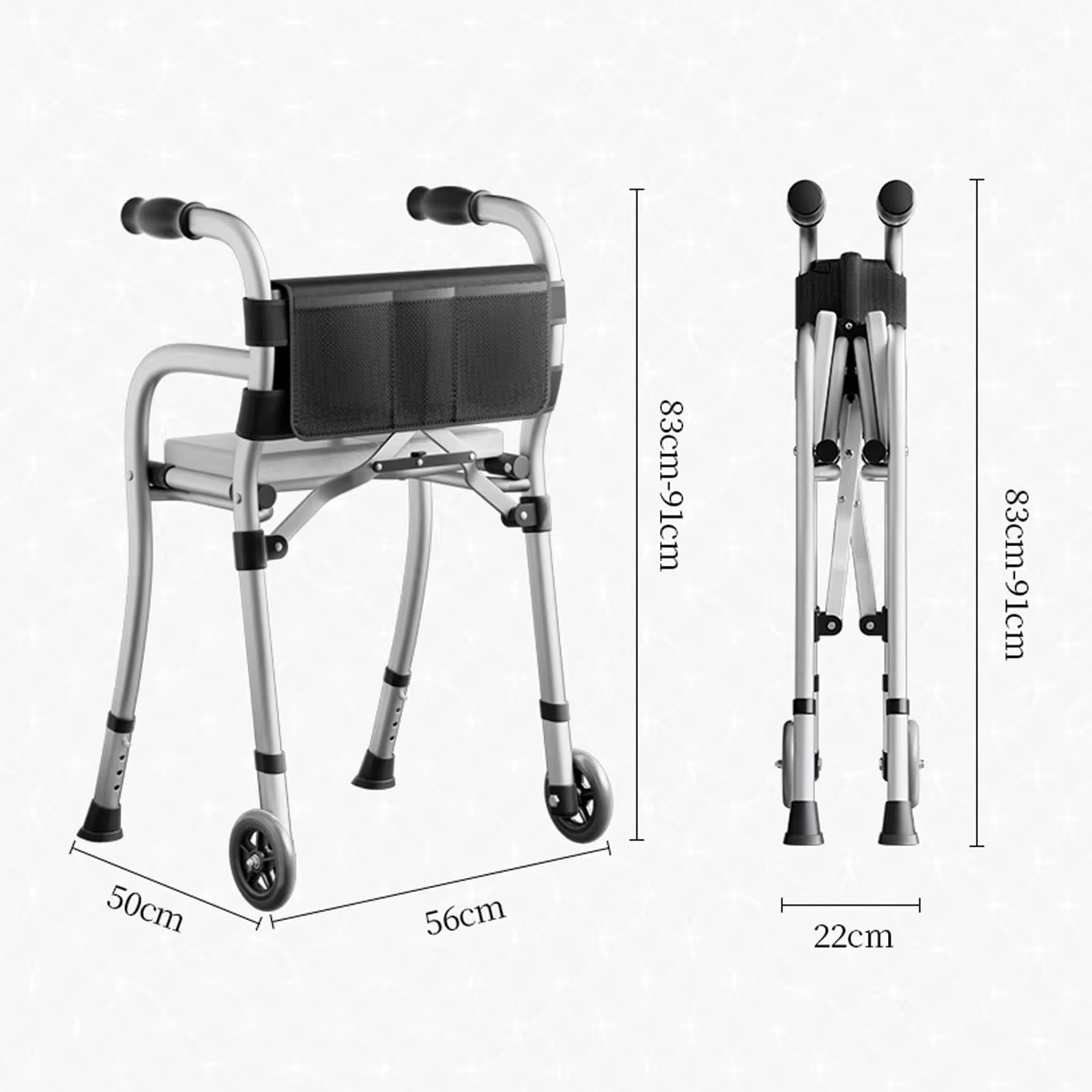 Aluminiowy składany chodzik rollator z siedziskiem, pomoc w chodzeniu na wysokości z oparciem i torbą do przechowywania na spacery po parku i na kemping