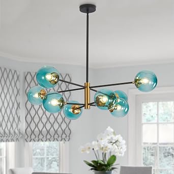 BOKT Modern Sputnik Chandelier 8-Lights Blue Glass Globe Chandelier Mid Century Pendant Light Fixture for Dining Room, Living Room, Island Kitchen, Bedroom