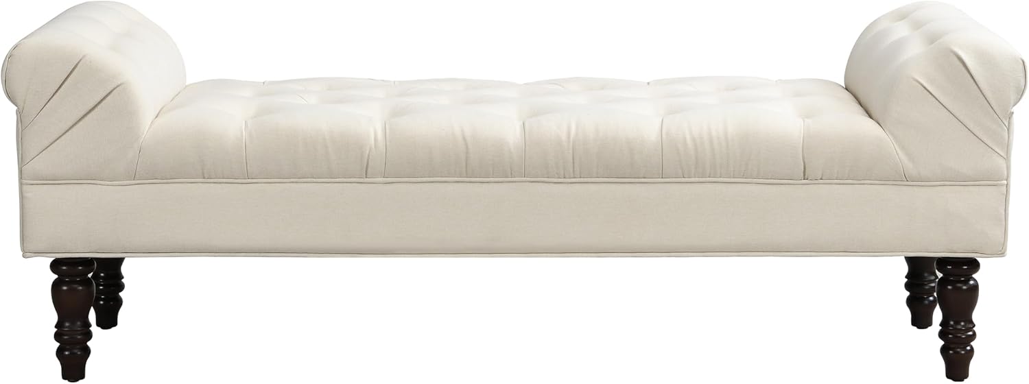 Christopher Knight Home Teaki Mid-Century Modern Upholstered Ottoman Bench, Wooden Bedroom End of Bed Bench, Tufted Top Entryway Ottoman Foot Rest, Living Room Sofa Extra Seat, Beige