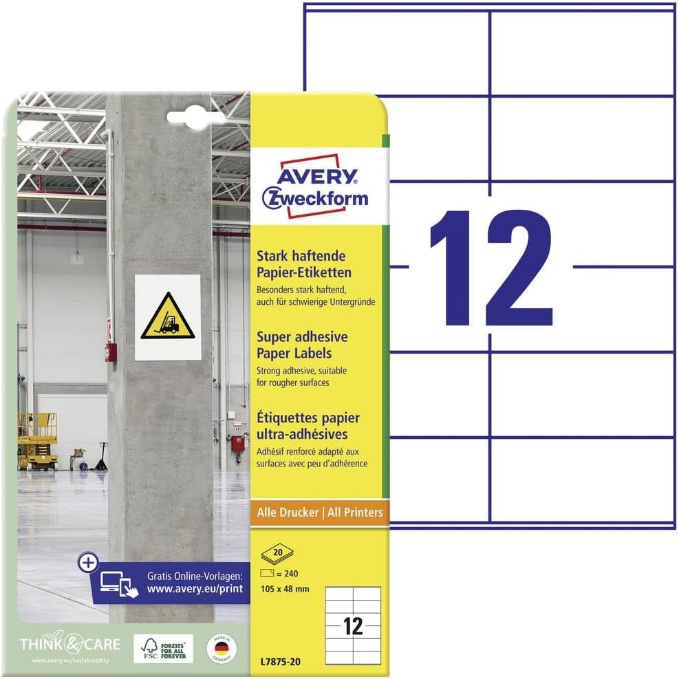 Avery Zweckform L7875 Adhesive Labels 105 x 48 mm, 20 Sheets/240 Labels/White