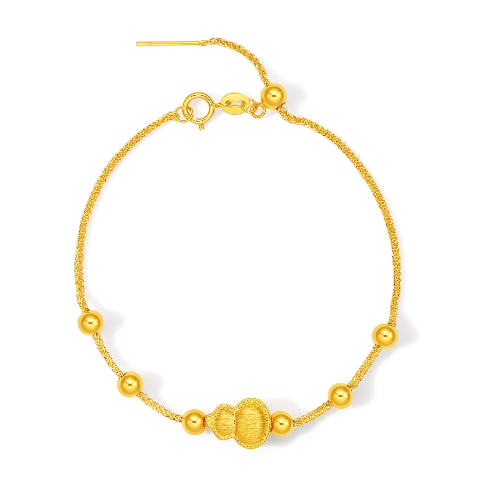 ZHOU LIU FU 24K Gold Chain Armband Gelbgold Chinesischer Flaschenkürbis Charm Silber Beads Link Armbänder Schmuck für Damen Mutter Ehefrau Geschenke Muttertag Geburtstag Jahrestag 19cm