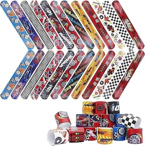 24 PCS Colorful Slap Bracelets – Cool Race Cars Wristbands for Kids, Party Bag Fillers, Fun Snap Bands for Boys & Girls, Birthday Gifts, School Classroom Toys