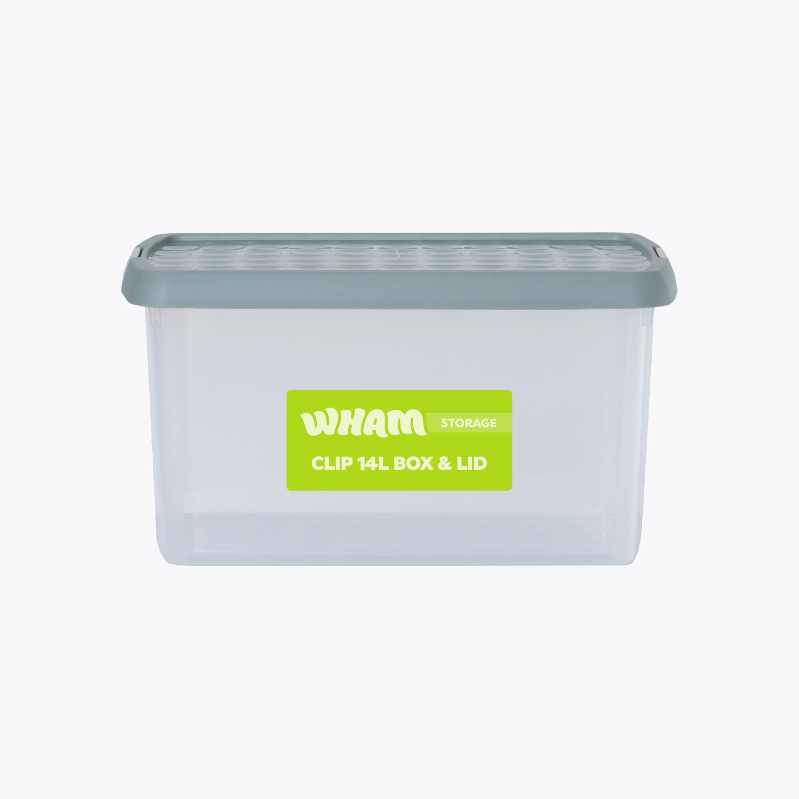 Wham Clip 14L Rectangular Stackable Plastic Storage Box with Lid | Ideal for Home, Office, Toys & More | Storage Container with Clip Lock | Made in UK - Clear/Green Milieu