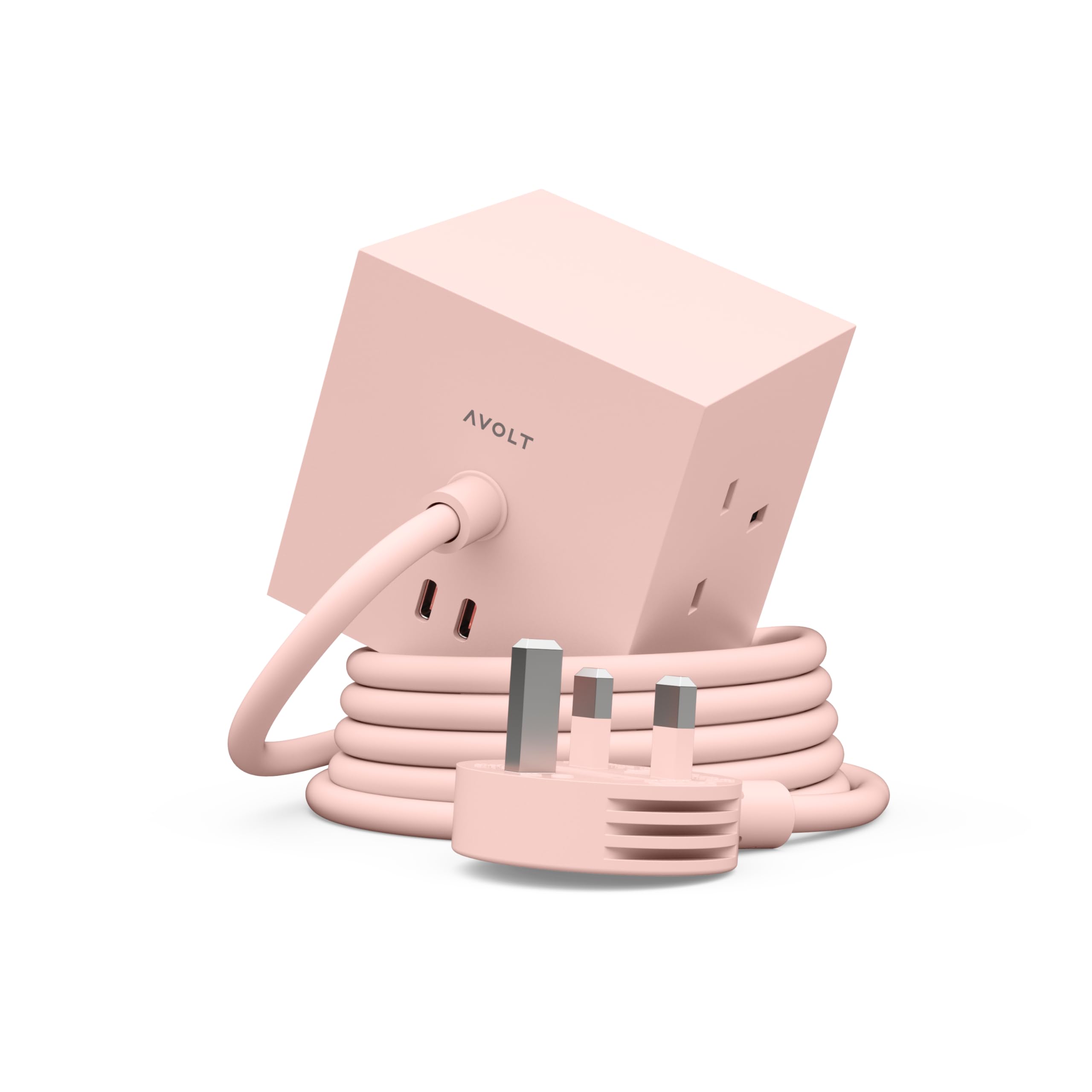 Avolt Square 1 Magnetic Extension Lead Cube with USB-C – Design Power Cube with 3 UK Sockets, 2 USB-C Ports & 1.8 m Cable – Modern Desk Extension Lead for Home, Office & Workspaces (New Pink)