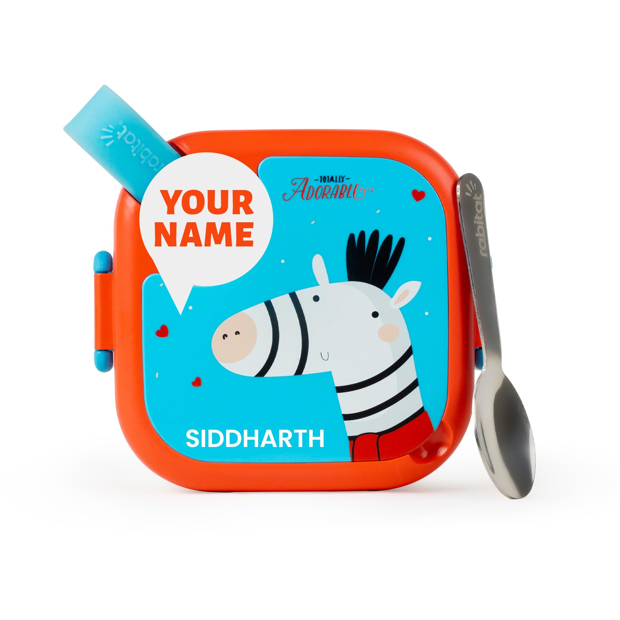 rabitat Lunchmate Mini Personalized Stainless Steel Lunch Box for Kids 500ml- Right-Sized Single-Portion Tiffin for School | Built-in Spoon, BPA-Free, Leak-Resistant | 2 Year Brand Warranty, Adorable