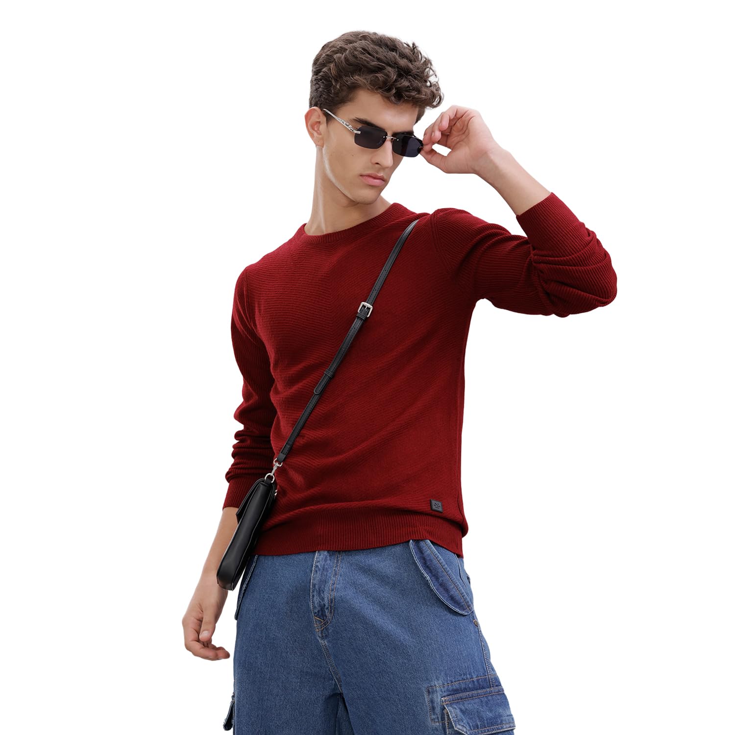 wrogn Men's Maroon Solid Textured Pullover-picture-50
