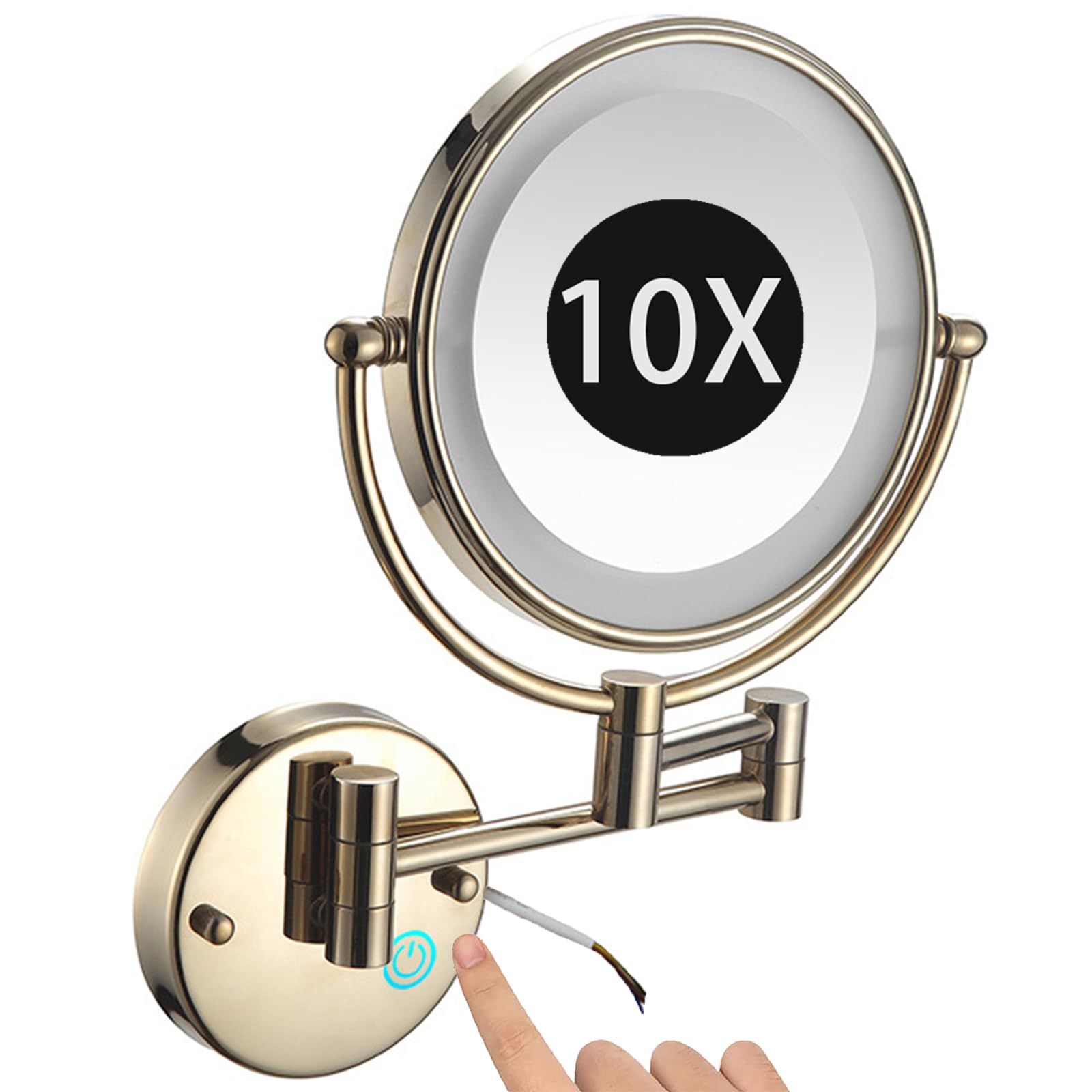 SXFSDOU 8" Wall Mounted Lighted Makeup Mirror, Hardwired Dimmable Double Sided Magnifying Extendable LED Bathroom Vanity Mirror with Lights,Gold,10X