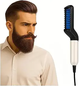 Escova Alisadora Masculina para Barba e Cabelo Bivolt | Pente Modelador Térmico Antiqueimadura | Alisamento Rápido em 15 Segundos | Redutor de Frizz e Volume | Prancha Modeladora Portátil Masculina