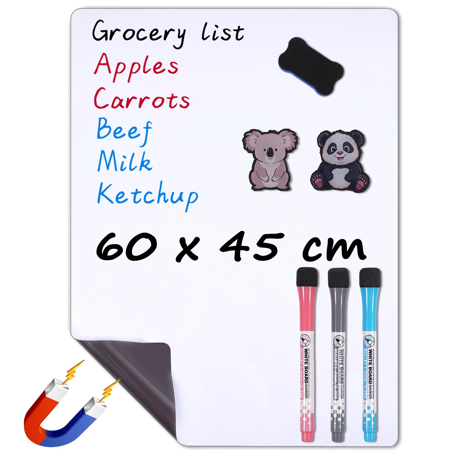 WIBOSOGA Magnetic Dry Wipe Whiteboard for Fridge, 60 x 45 cm Small Kitchen Whiteboard Organiser & Planner with Stain-Resistant Surface, Includes 1 Eraser & 3 Markers