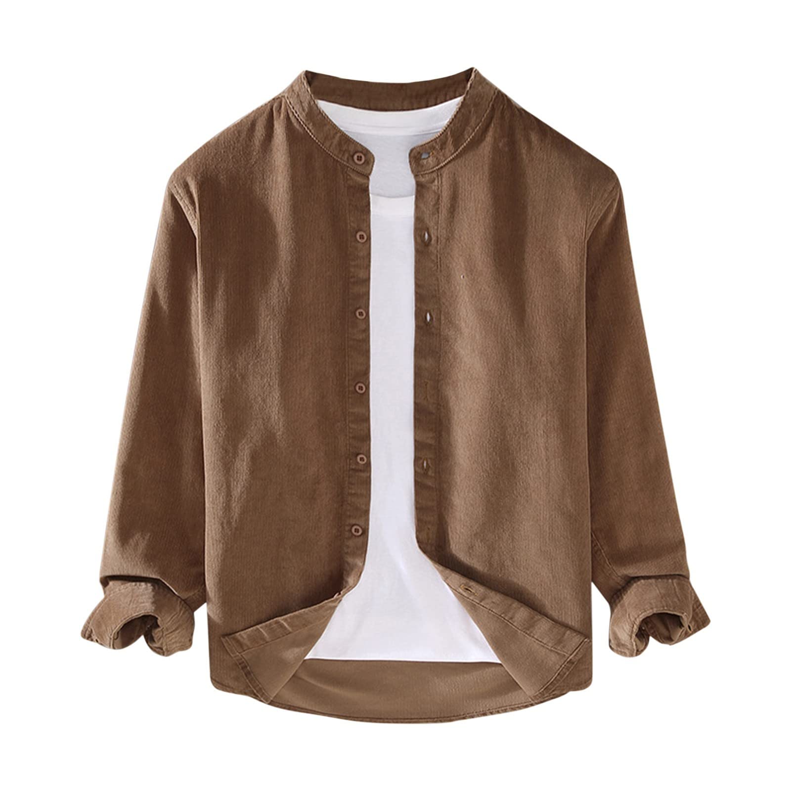 Camicia da uomo in velluto a coste con colletto rialzato, tinta unita, alla moda, a maniche lunghe, stampato