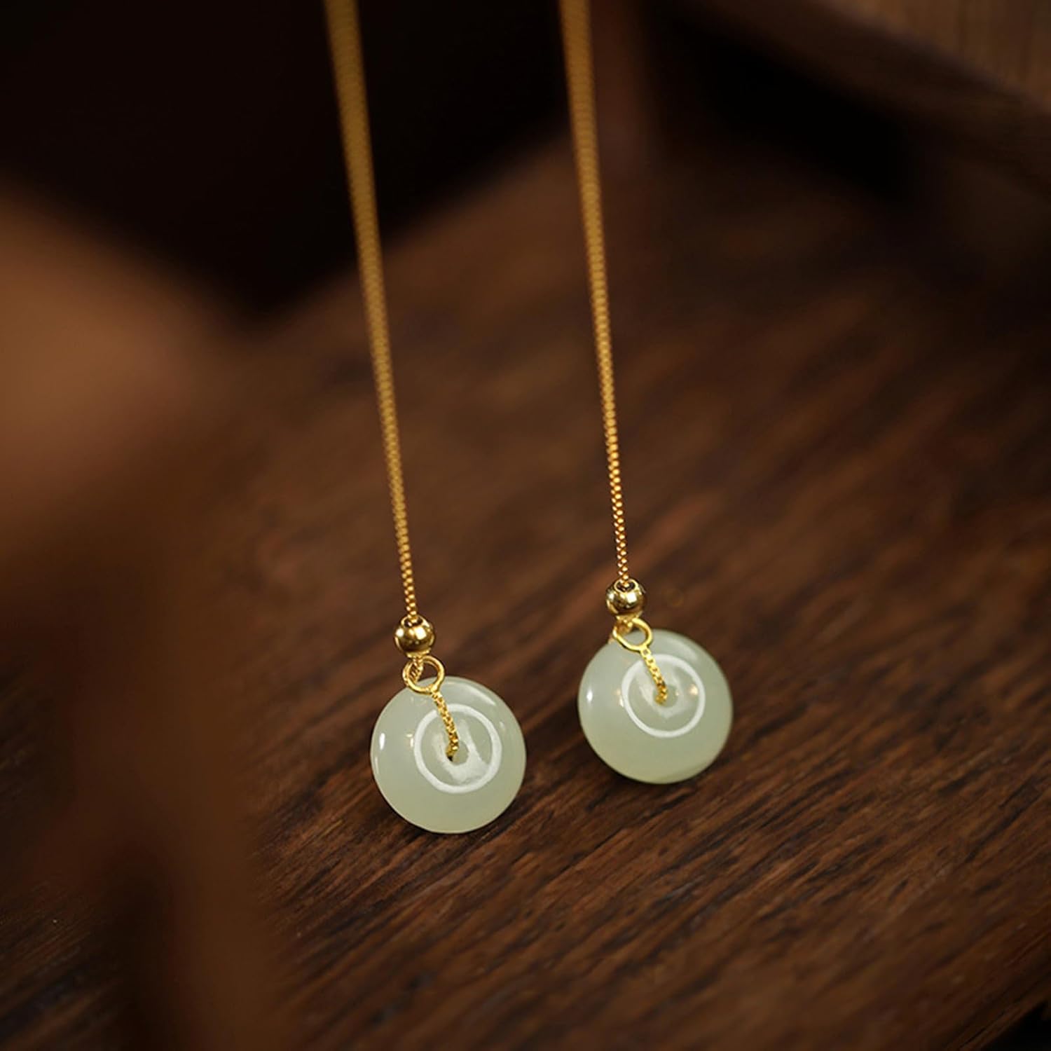 Threader Earrings for Women, Gold Plated Long Chain Earrings with Circle Jade Dangling, Round Natural Green Stone Pendant Tassel Earrings - Image 6