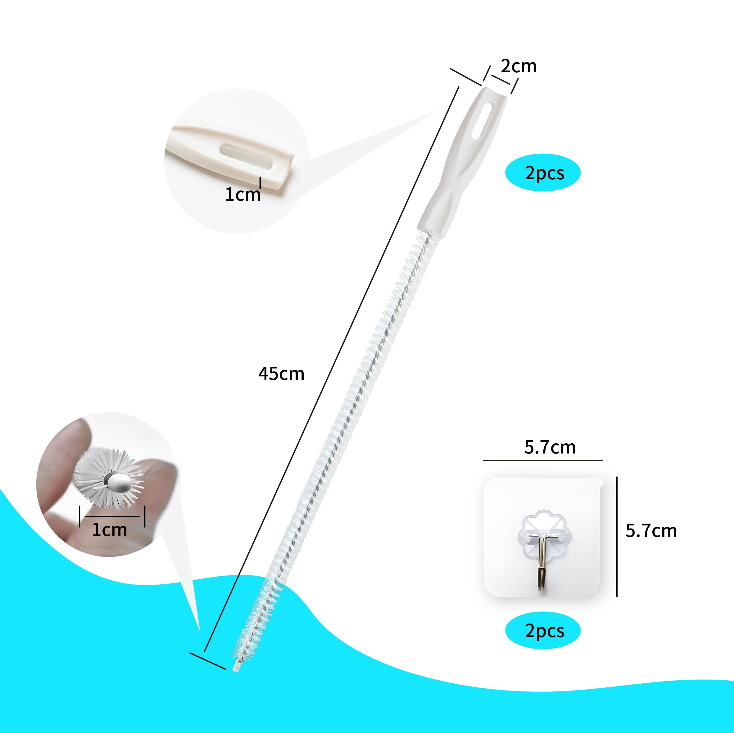 Cepillo de Limpieza para Desagües de 45cm, 2 Piezas - Herramienta Flexible para Desatascar Tuberías y Eliminar Pelos, Ideal para Baños y Cocinas, Incluye Ganchos Adhesivos para Almacenamiento