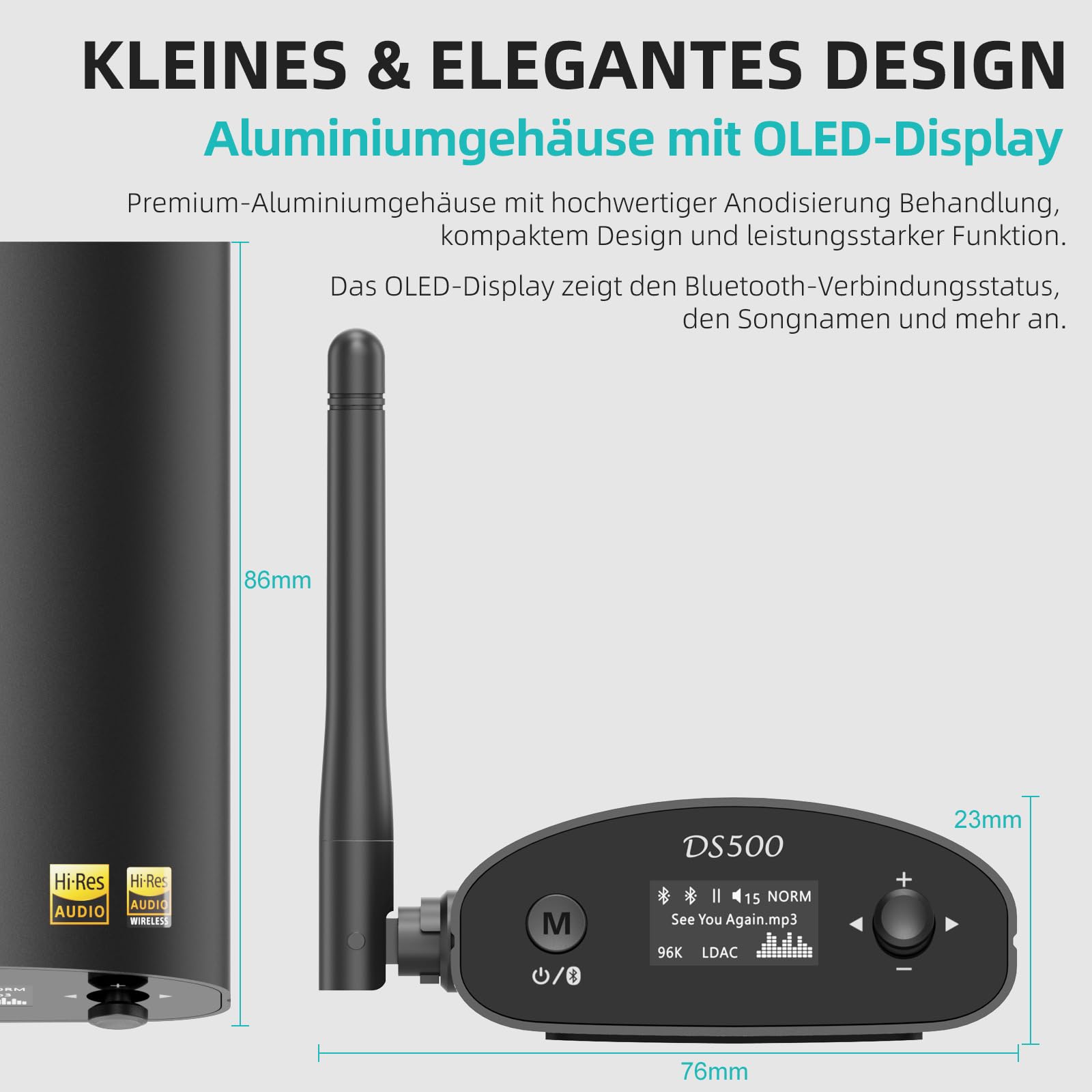 1Mii HiFi Bluetooth 5.3 Empfänger mit OLED Display, LDAC & aptX HD, Audio Adapter mit DAC & EQ-Modus, Großer Reichweite, Optischem, Koaxial & RCA Ausgang für Stereoanlage & Verstärker – DS500