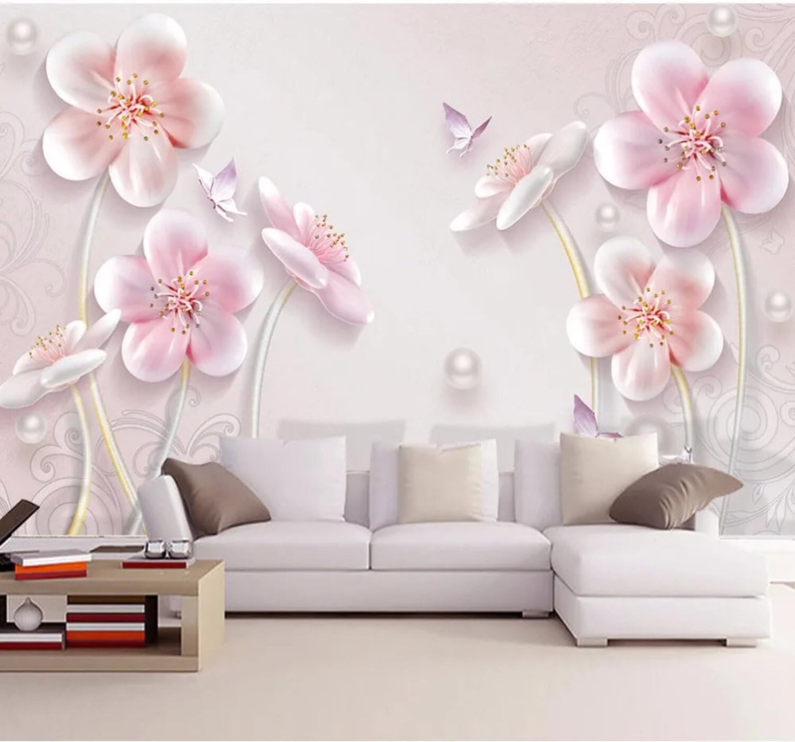 Wallpaper-3D-Xlm 430Cm×300Cm(B×H) Simple Beautiful Pink Flowers Butterflies 3D Wallpaper Easy Install Feature Office Living Room Sofa Bedroom Tv Background Wall Decoration-430Cm×300Cm