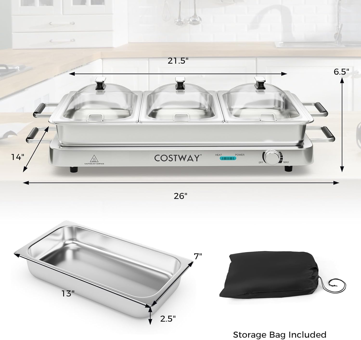 COSTWAY Buffet Servers and Warmers, 2 in 1 Electric Warming Tray, 450W Stainless Steel Chafing Dish with Temperature Control, 3 Serving Trays, 8 Qt Food Warmers Station for Parties Banquets Events