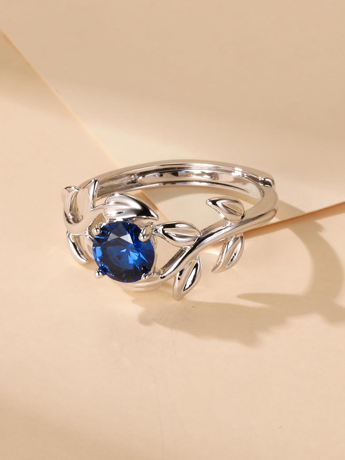 Yaresul Adjustable Sapphire Ring for Women, Open Branch Leaf Dark Blue Stone Ring, September Birthstone Sapphire Engagement Promise Ring, White Gold