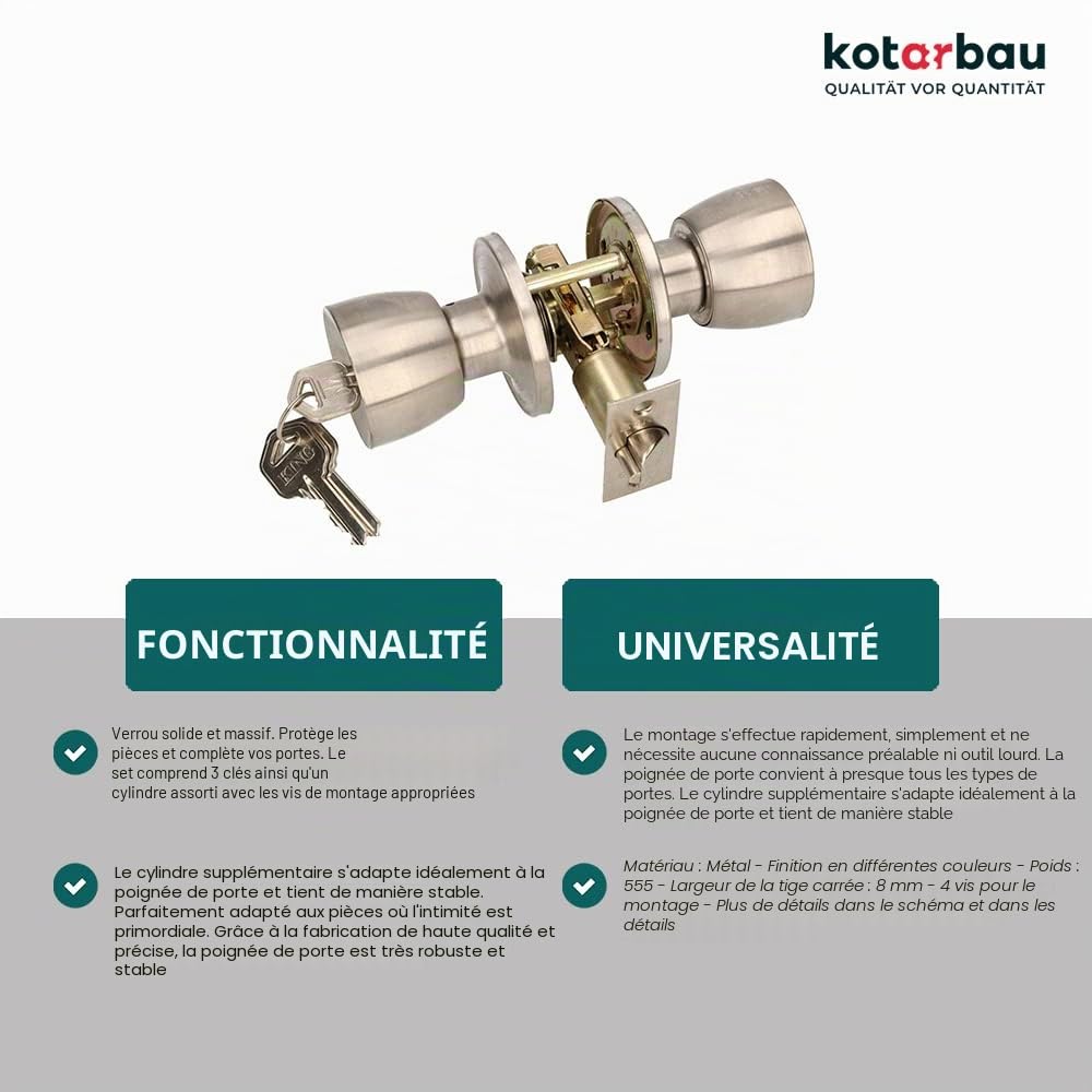 KOTARBAU Bouton de porte avec serrure - En métal - Rond - Avec 3 clés - Rosace à encastrer (satiné)