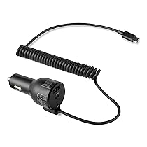 Caricabatterie da auto a ricarica rapida Amazon Basics, 1 USB-C + 1 USB-A + 1 cavo a spirale integrato, 60 W, nero