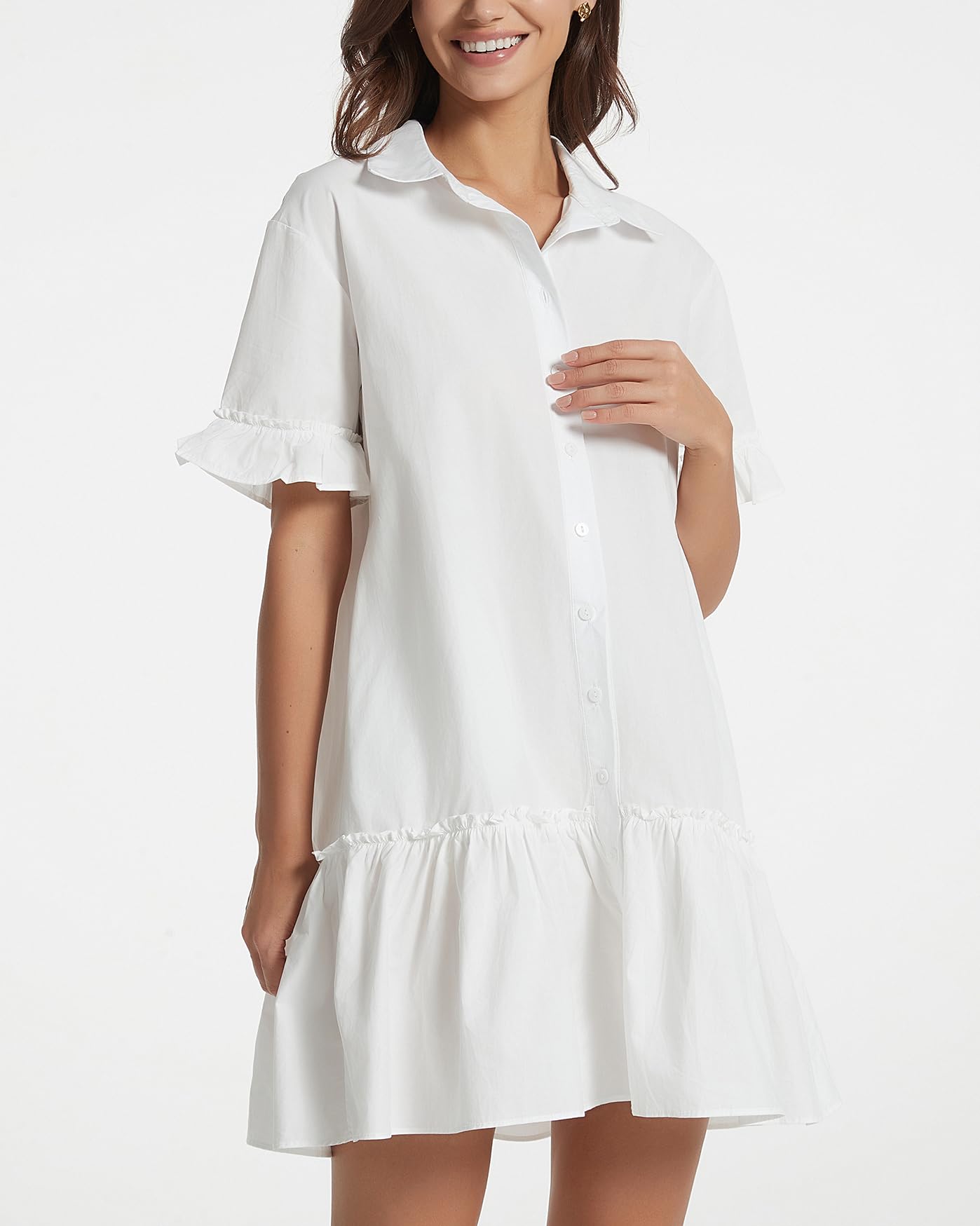 YEXPINE Vestido Camisero Corto con Volantes para Mujer, Vestido de Manga Corta con Botones, Vestido de algodón con Cintura caída, Blanco, Large