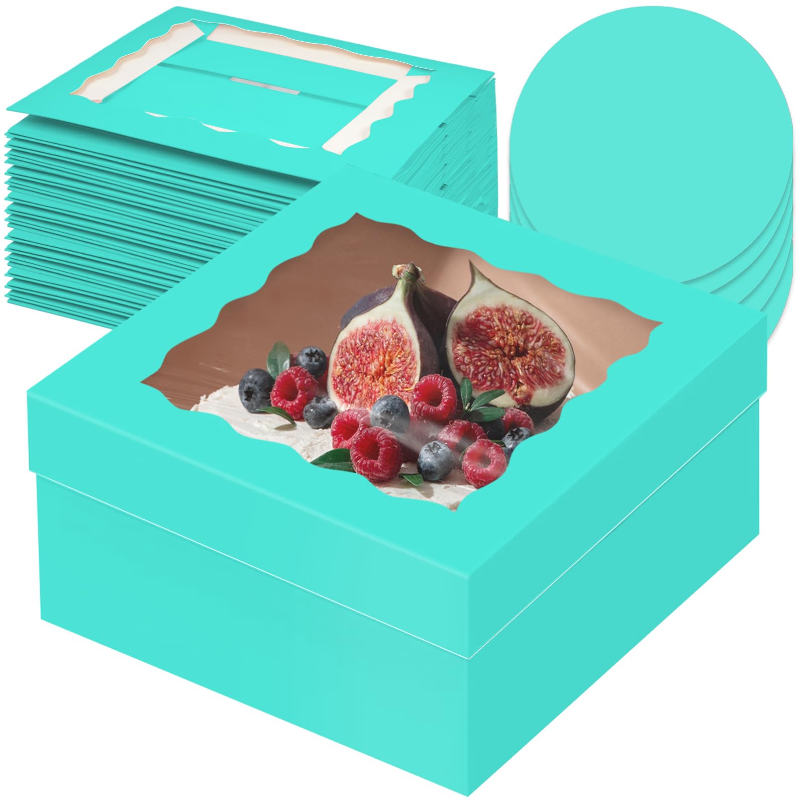 Gcardist 12x12x6 Inch Cake Box, 5 Sets Mint Blue Cake Box with Window & 5 Sets 12 Inch Mint Blue Cake Round Boards