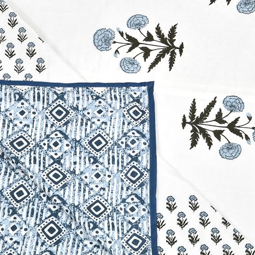 Image of BLOCKS OF INDIA 100% Cotton Dohar King Size Reversible Hand Block Printed Malmal Summer Dohar /Blanket (Color 48)