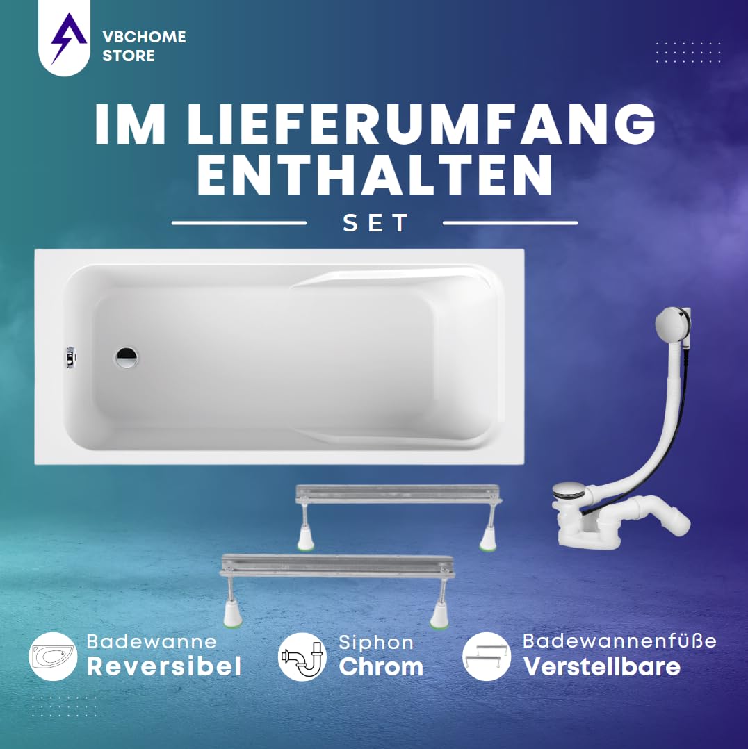 VBChome Vasca da bagno 180 x 80 cm Bianco in acrilico Piedini vasca Sifone Vasca Design rettangolare Moderno Scarico in cromo