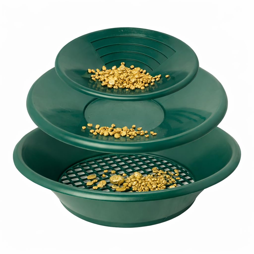 Pissente 3PCS Gold Panning Pan Kit Gold Washing Pan Set Gold Mining Pan with 90 Degree Design Green Color for Prospecting Nuggets Dredging