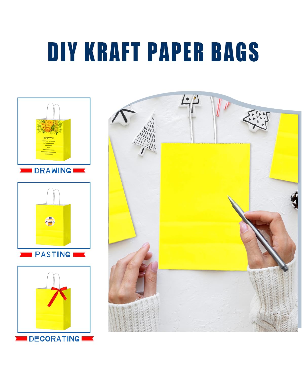 Bakepacker 24Pcs Paper Gift Bag with Handles Bulk Yellow Paper Bags Multiple Uses (8.3"x6"x3.15", Small Size)