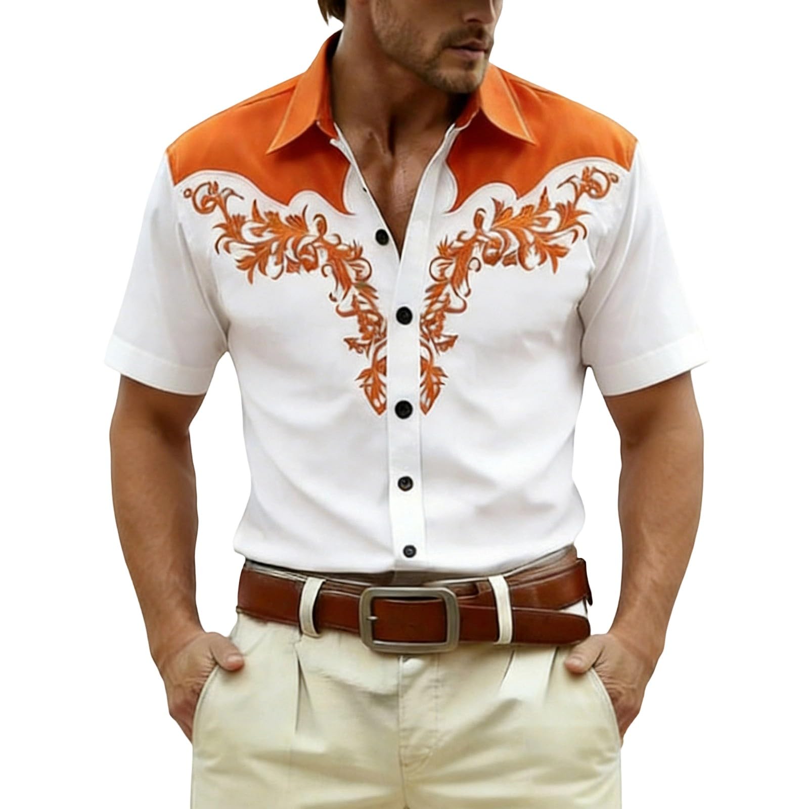 RUMAOZIA Men's Shirt Western Cowboy Style 3D Print White Vintage Medieval Shirts Short Sleeve Cowboy Costume Shirt Embroidery Look Men Carnival Party Top Regular Fit Fancy Dress Costume, O Orange, 3XL