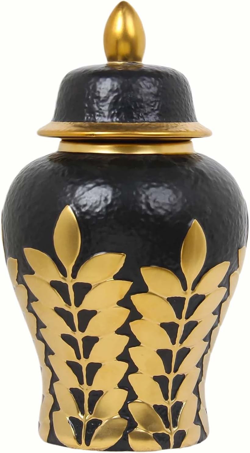 10.2 in Ceramic Ginger Jar with Lid, Black Centerpiece Ginger Jar Vase with Gold-Plated Leaf Pattern, Tea Storage Canister Porcelian Decorative Jar for Office, Wedding, Home Décor Accents
