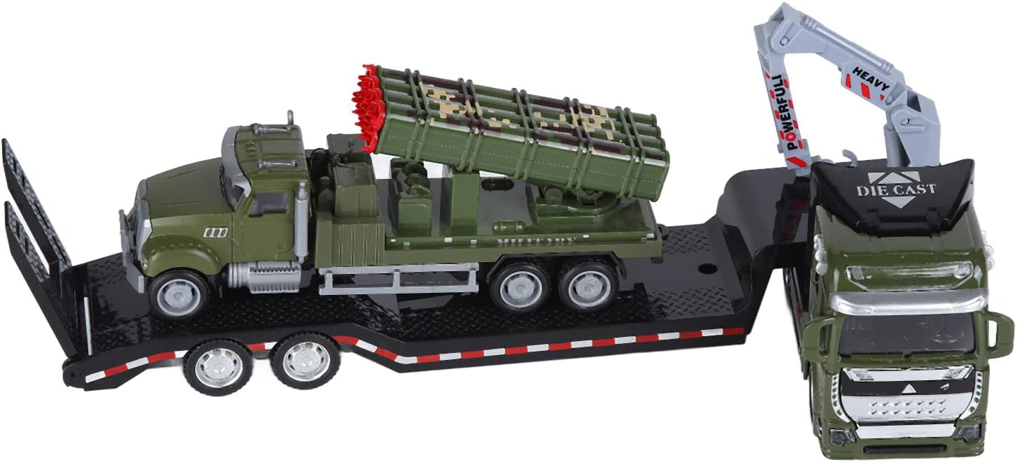 Shanrya Modelo de camión de remolque, juguete de cooperación para el coche, juguete educativo para el hogar (remolque militar con cohete)