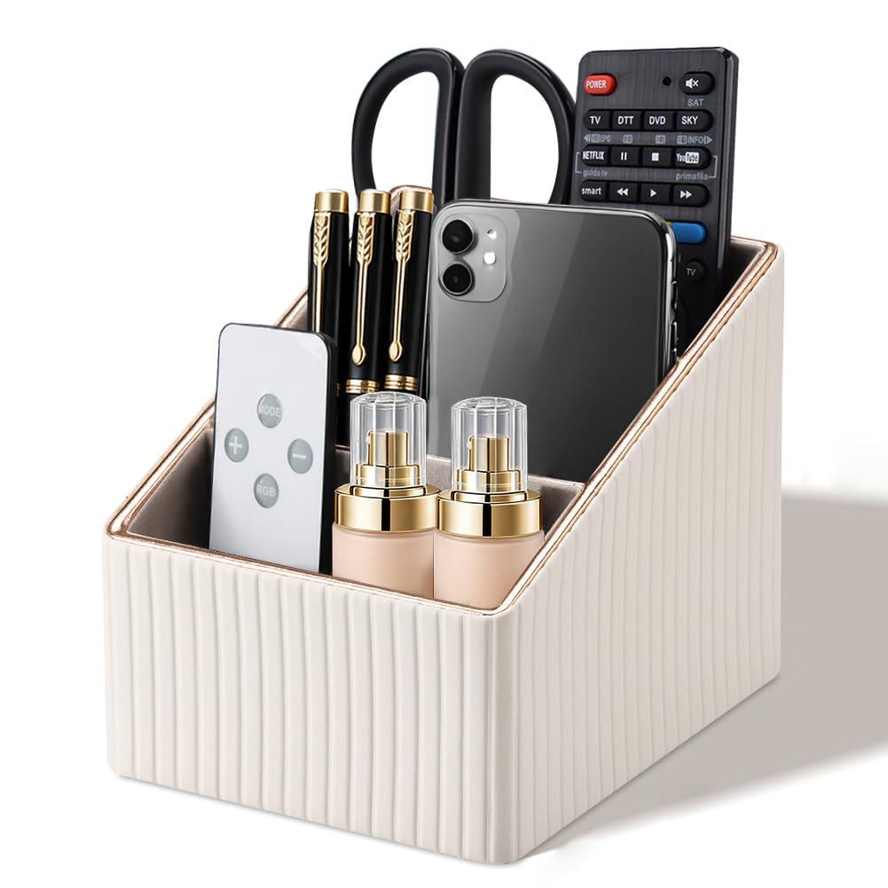 FARYODI Pen Holder Desk PU Leather Organiser 3 Compartments Milk White