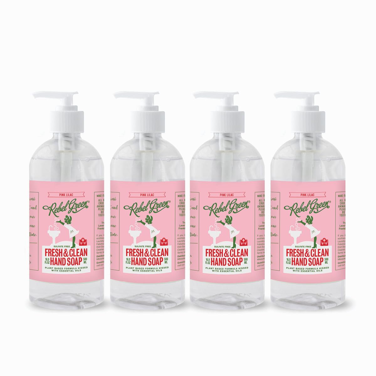 Rebel GreenJabón líquido de manos Rebel Green Fresh and Clean, paquete de 4, natural, sin sulfato e hipoalergénico, botellas de bomba de 16.9 onzas, , 16 Ounce US, ,, 67.6[set de ]