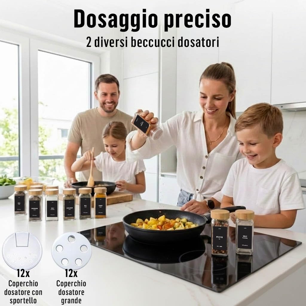 Deco haus® Set da 12 Contenitori per Spezie con Tappo a Vite - Kit per Condimenti con Etichette, Imbuto, Spazzola, Pennarello - Barattoli Portaspezie Piccoli in Vetro Trasparente da 120ml, 10,5x4,3 cm