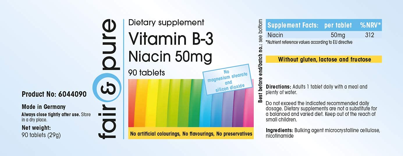 Vitamin B3 Niacin 50mg, nicotinamide, Vegan, Without Magnesium Stearate