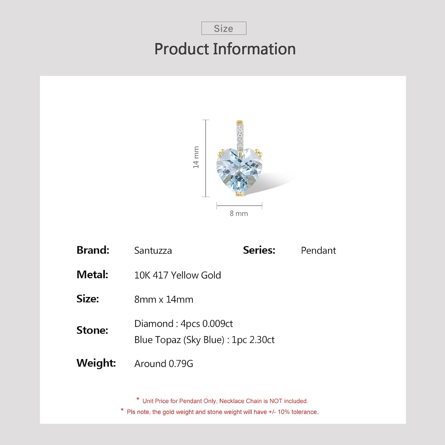 Santuzza 10K Solid Gold Heart Shape Gemstone Genuine Diamond Dainty Pendant Without Chain for Women - Image 6