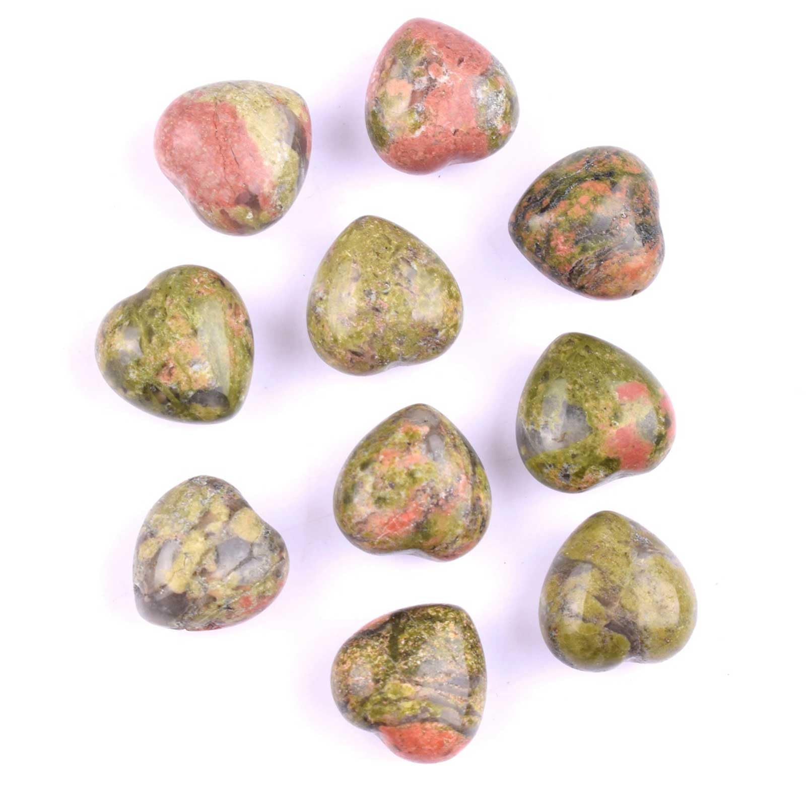 AGSHYWFT 20Pcs Healing Crystals and Heart Stones, 0.6" Crystal Heart Gemstone Polished Love Worry Stones Palm Pocket Stone for Reiki Meditation & Feng Shui Home Decor,Unakite