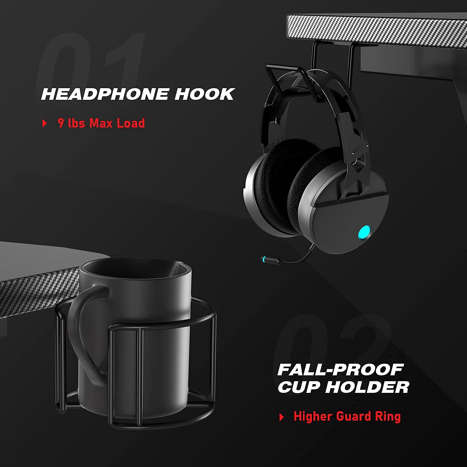 GTRACING Gaming Desk,Ergonomic ZShaped Carbon Fiber Surface Gaming Table with Cup Holder