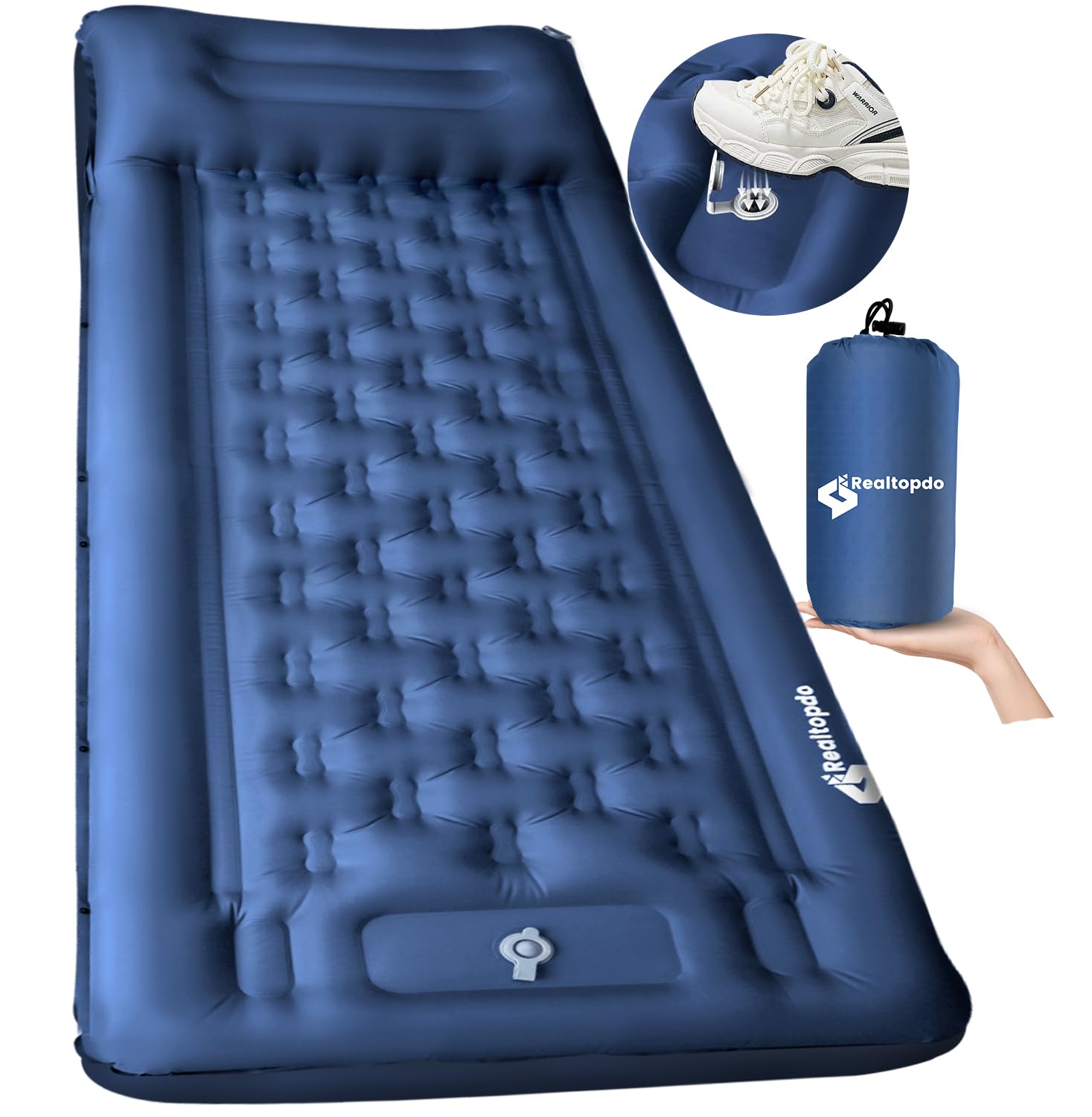 Extra Thick 5 Inch Sleeping Pad - Self Inflating Sleeping Pad with Pillow, Camping Mattress Pad with Foot Pump, Sleeping Pad Mat for Backpacking, Hiking, Traveling (Blue)