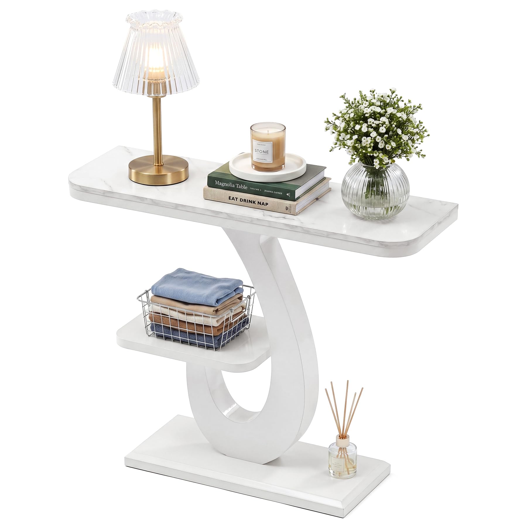 Tribesigns Tavolo consolle sottile bianco, 100 cm, moderno con effetto marmo e ripiano per divano, per ingresso, corridoio, soggiorno, dietro il divano, foyer
