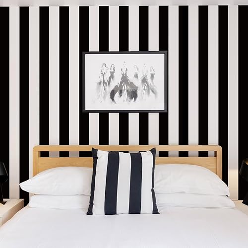 Miniatura 3 de Jeweluck Papel tapiz adhesivo moderno de 17.7 x 118.1 pulgadas, diseño de rayas en blanco y negro, extraíble, autoadhesivo, para dormitorio, vinilo