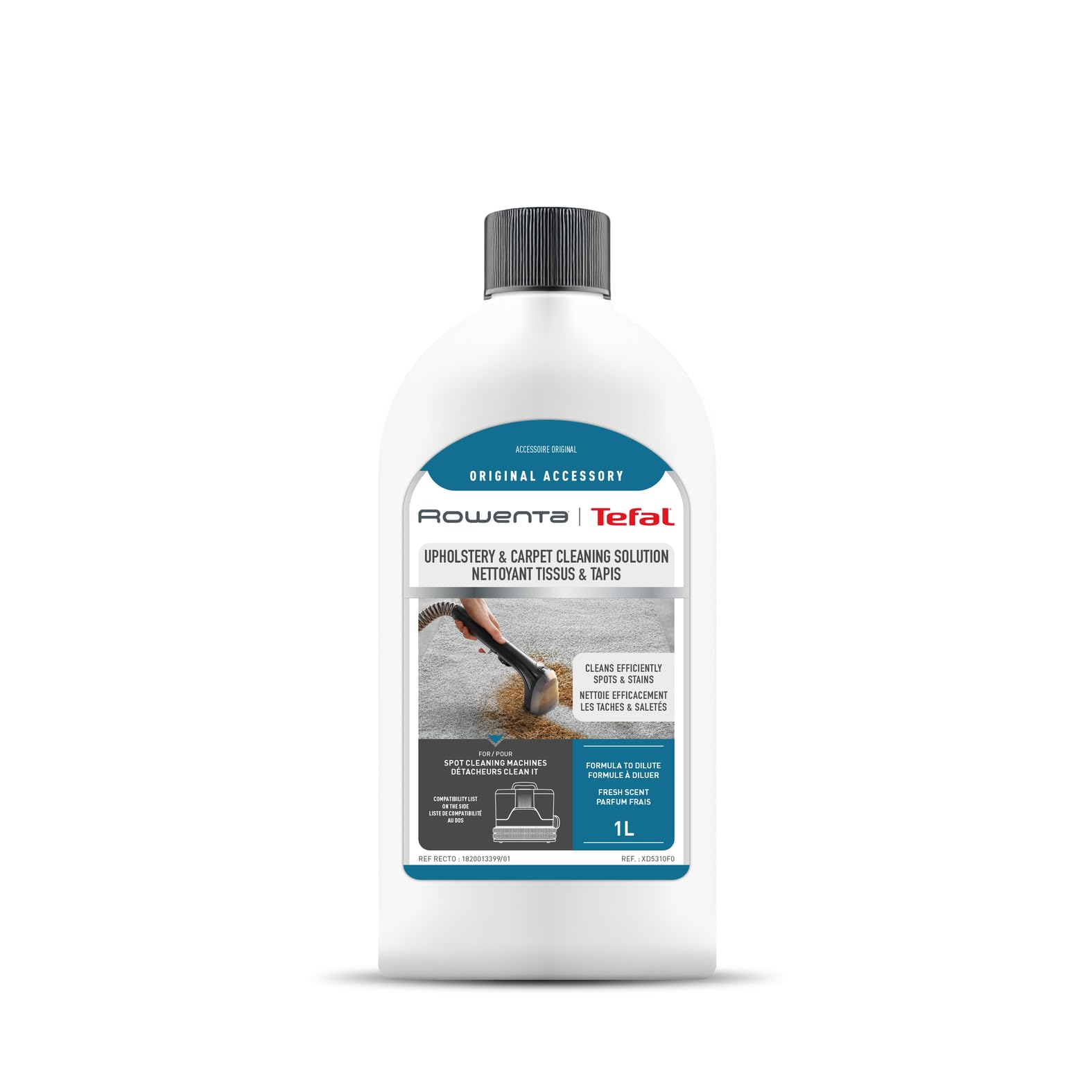 Rowenta Clean It Solution Nettoyante Tissus et Tapis XD5310F0 – 1L, Formule à Diluer, Élimine Taches Quotidiennes et Tenaces, Parfum Frais, Pour Canapés, Tapis, Rowenta, Blanc