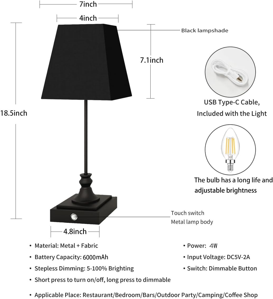 Rechargeable LED Table Lamps with Stepless Touch Control,Black Cordless Lamp for Living Room&Bedside&Patio&Shower,Small Desk Lamp(6000mAH Battery),2 Pack for Home Decor,Best Gifts for Family