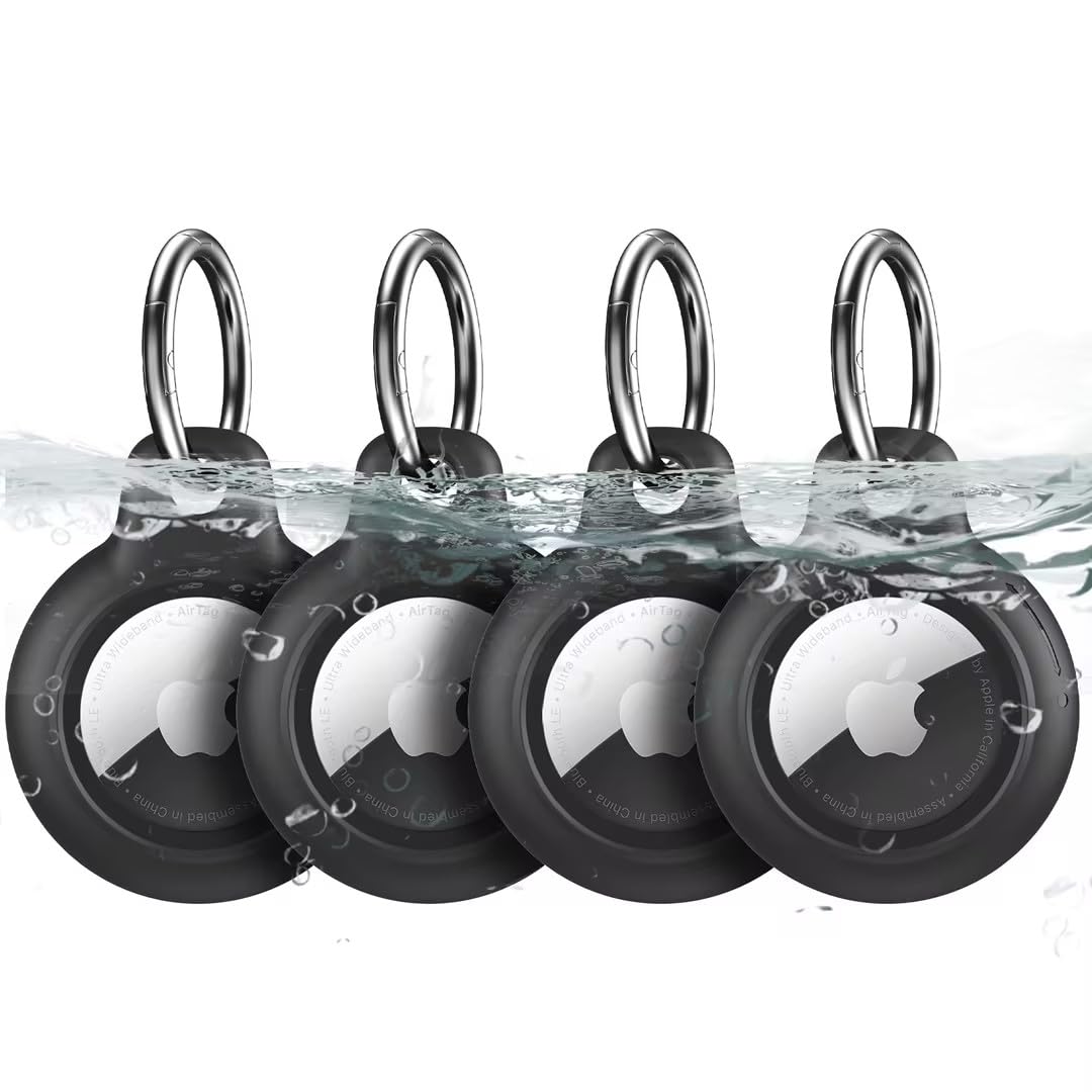 Air tag Holder Case with Keychain, Built-in Tempered Glass Air Tags Key Chain Ring for Apple Air Tags,Truly Waterproof Air tag Accessories for GPS Item Finder Tracker, Black